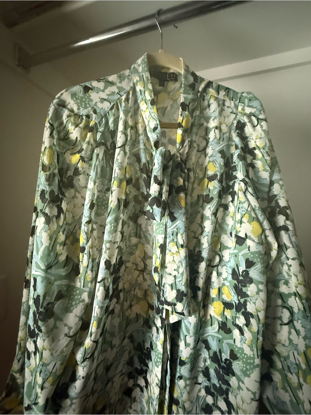 Eloquii Mint Floral Tie-Neck top with Yellow Accents